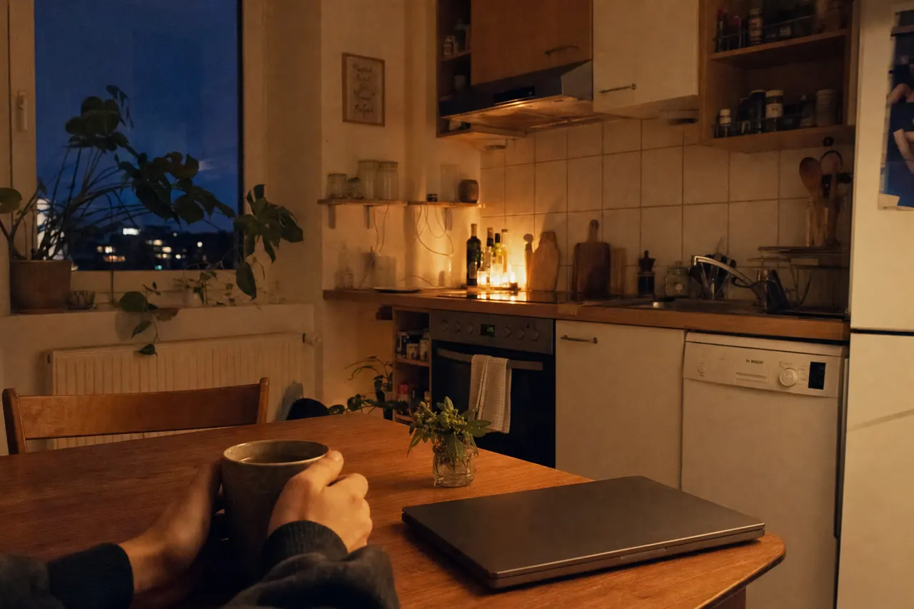 Dieselbe Küche am frühen Abend: Laptop zugeklappt, warmes Licht, eine Tasse Tee in den Händen.